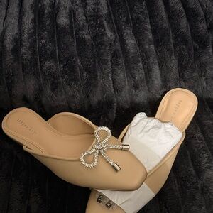 Copper Key Tan Slip-On Mules with Rhinestone Bow